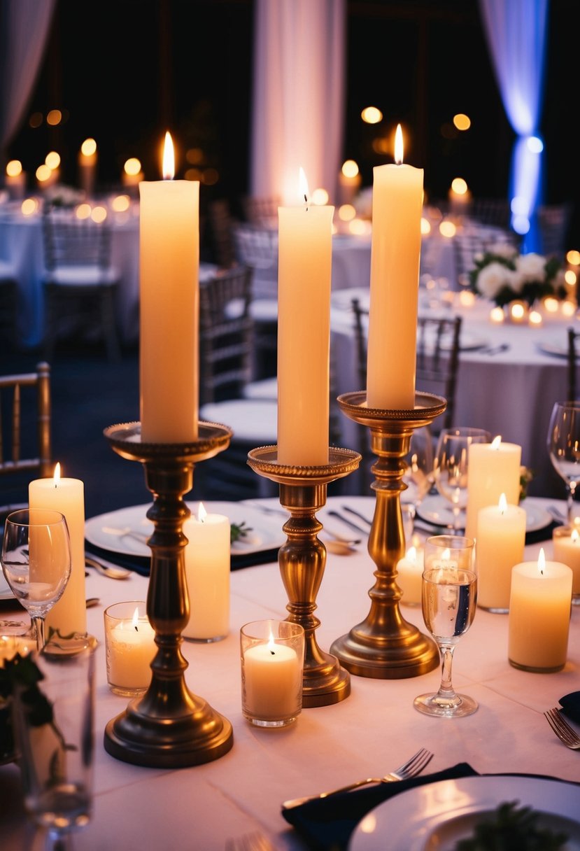 A table adorned with various candles in elegant holders, casting a warm and romantic glow in a dimly lit wedding reception