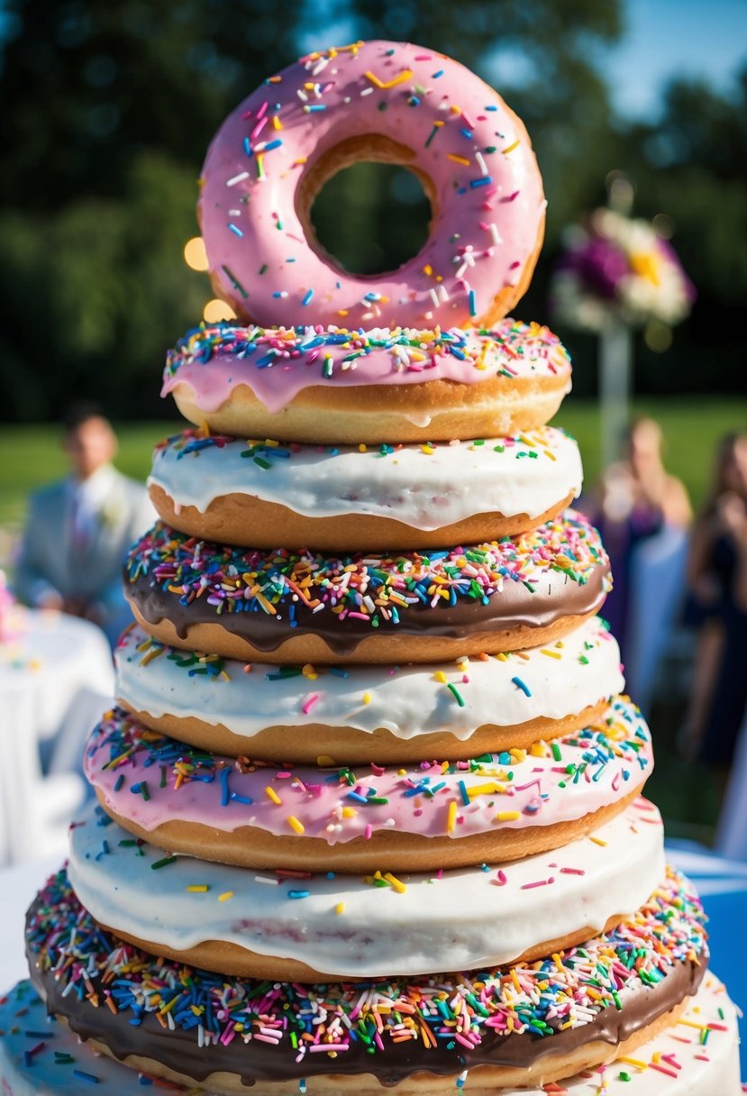 A towering wedding cake made of stacked funfetti donuts, adorned with colorful sprinkles and topped with a giant donut