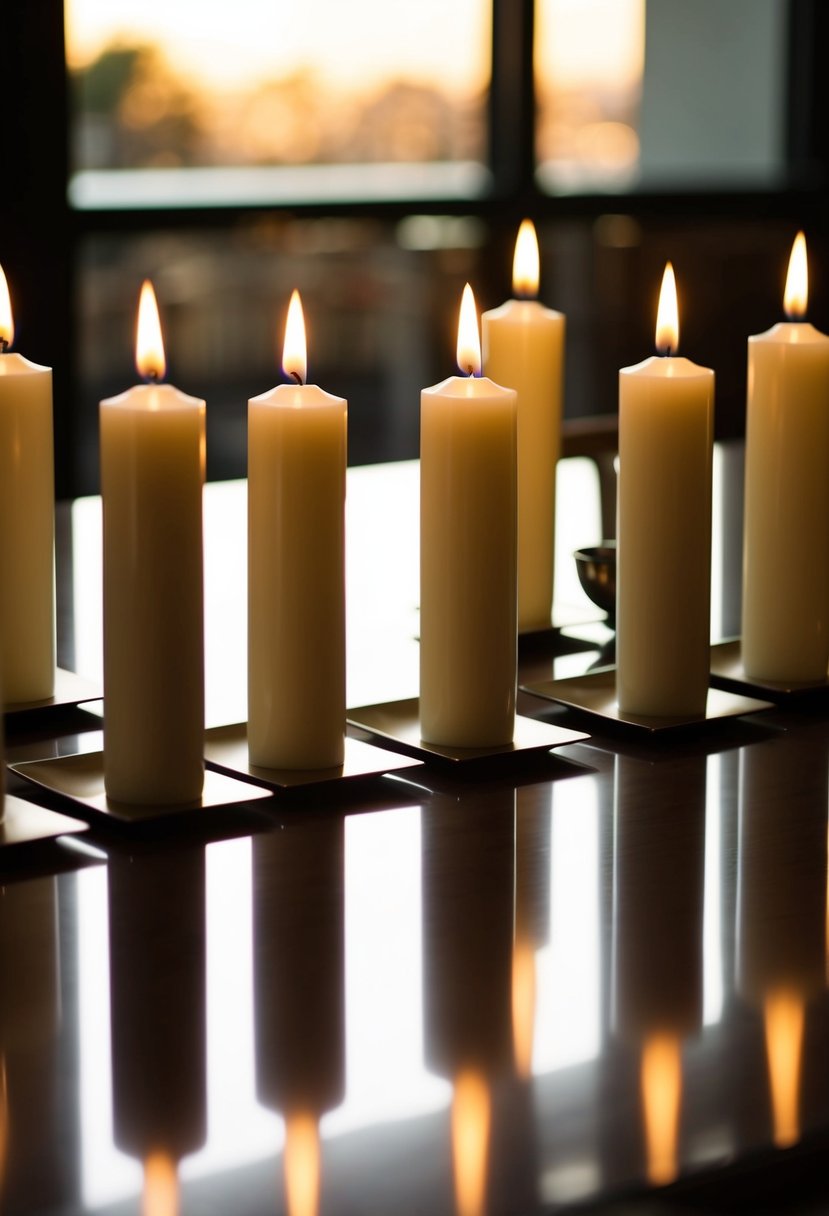 Sleek pillar candles arranged in a row, casting a warm glow on a polished table