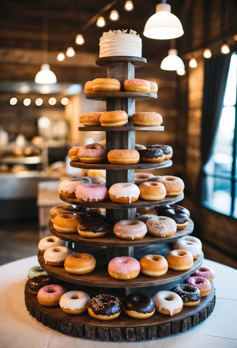 A rustic wooden display showcases a variety of donuts, arranged in a wedding cake-like formation