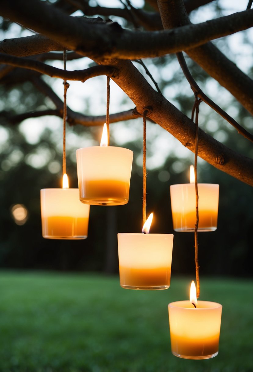 Votive candles suspended from tree branches, casting a warm glow in a serene outdoor setting