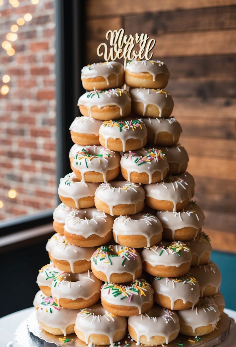 A tall stack of classic vanilla donuts arranged in a tiered wedding cake formation, with decorative icing and sprinkles