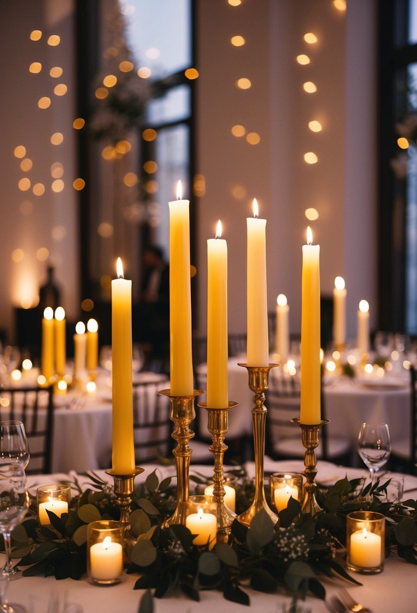 Taper candles of varying heights create depth and elegance, casting a warm glow over a wedding reception table