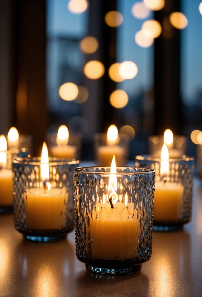 Textured glass candle holders arranged on a table with lit candles, casting a warm glow