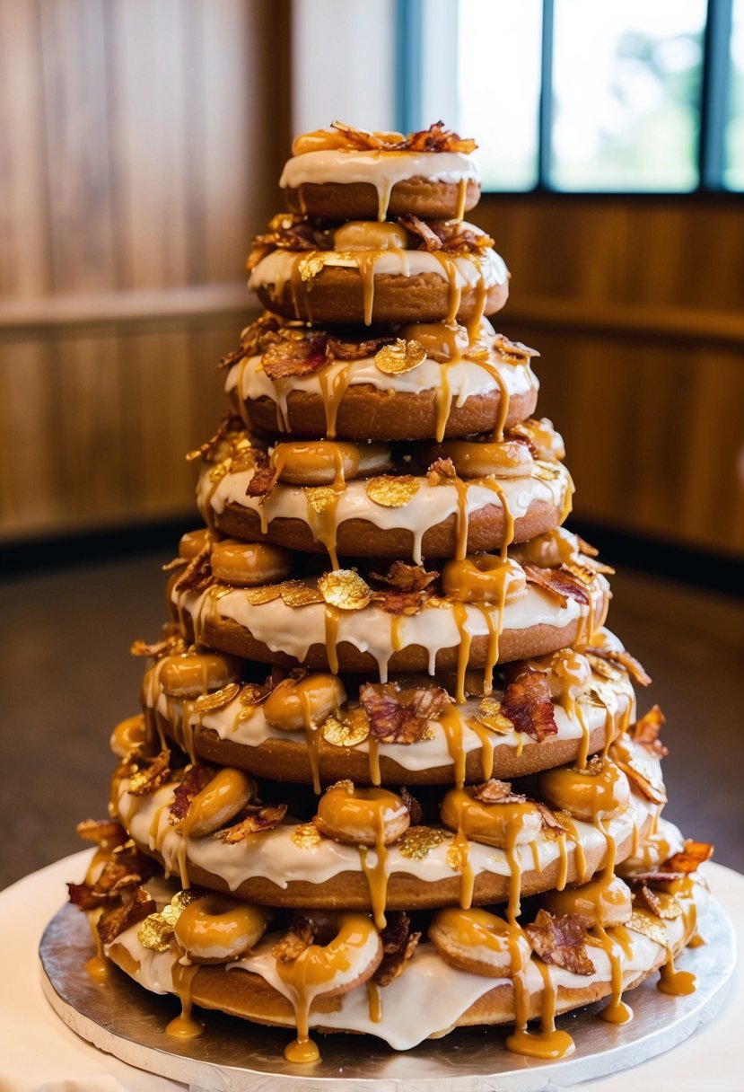 A towering wedding cake made entirely of maple bacon donuts, adorned with edible gold leaf and cascading with caramel drizzle