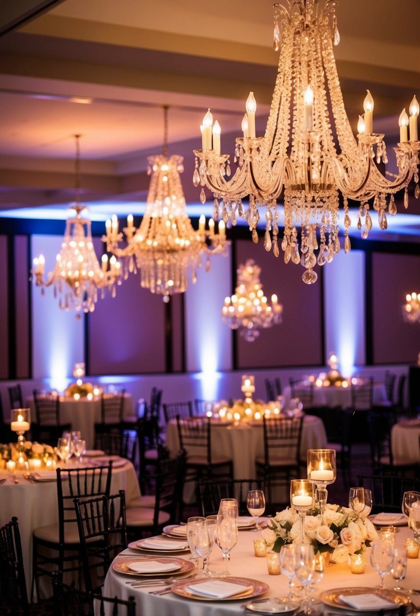 Candle chandeliers hang above elegant reception tables, casting a warm glow on the wedding decor