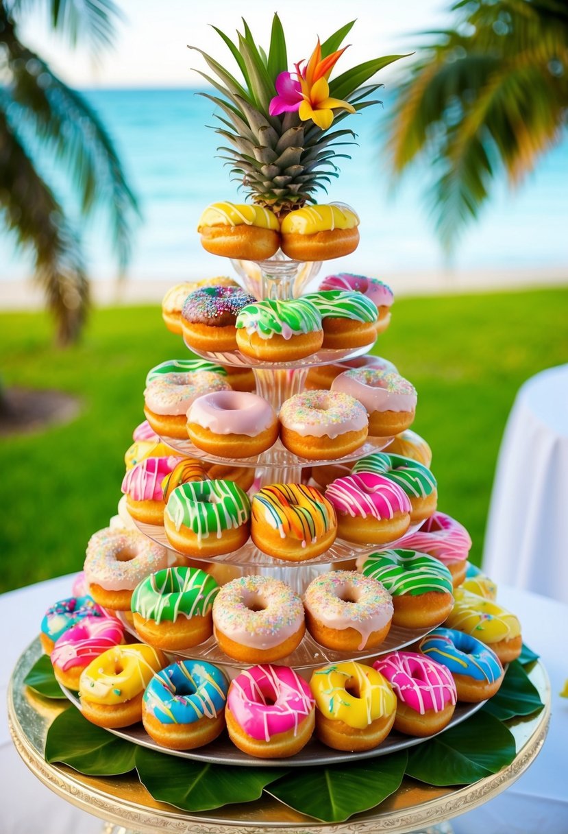 A platter of colorful tropical paradise-themed donuts arranged in a wedding cake formation