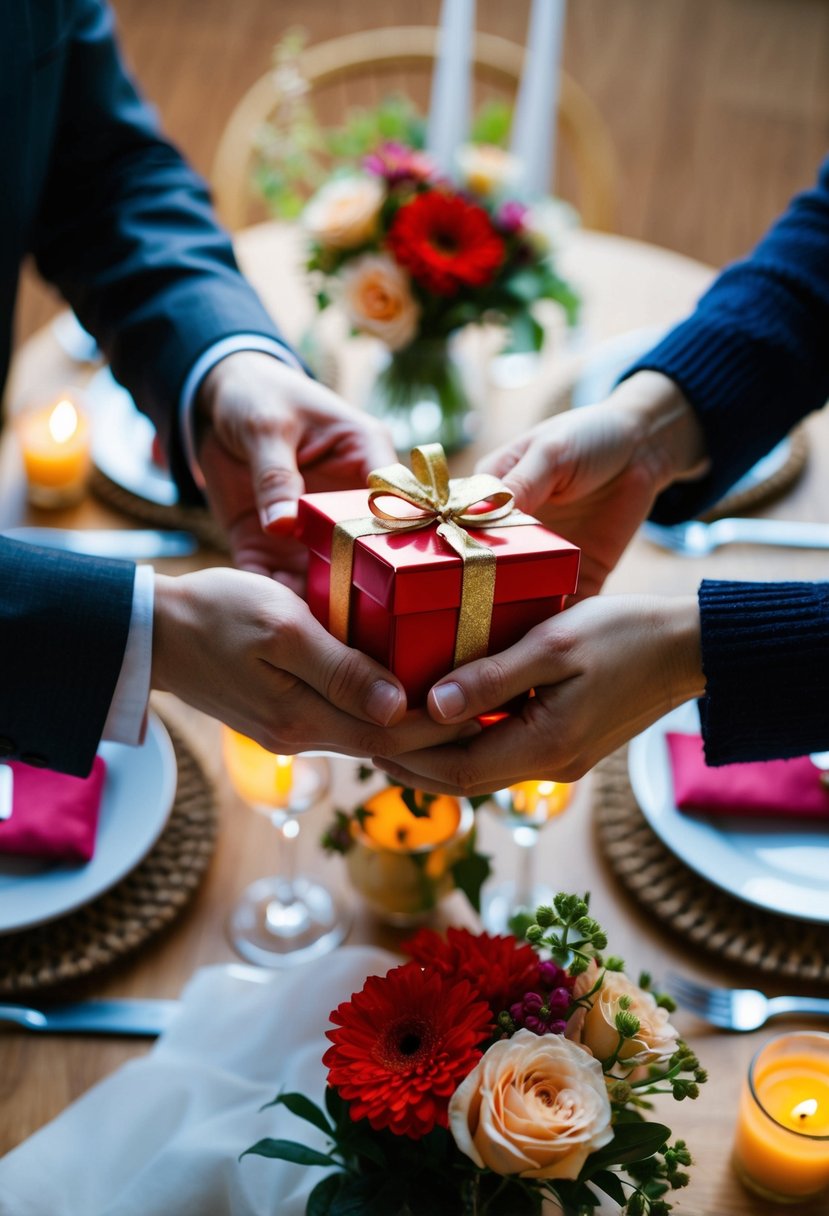 A couple's hands exchanging gifts, surrounded by a table set for a romantic dinner with flowers and candles