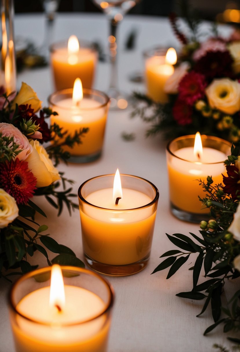 Votive candles encircle floral centerpieces, casting a warm glow