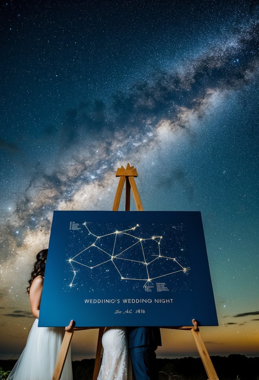 A starry night sky with a personalized star map highlighting the constellations on the couple's wedding night