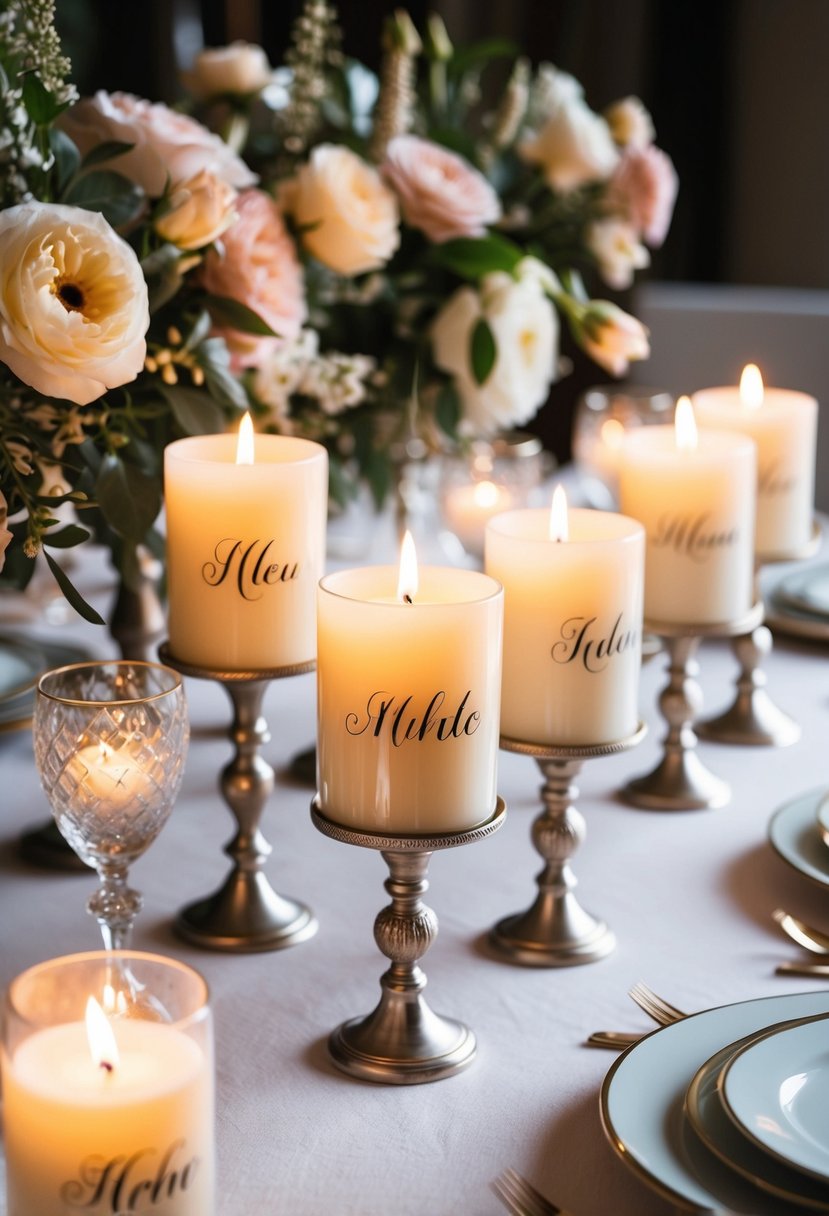 A table adorned with personalized candles in elegant holders, surrounded by delicate floral arrangements and soft candlelight