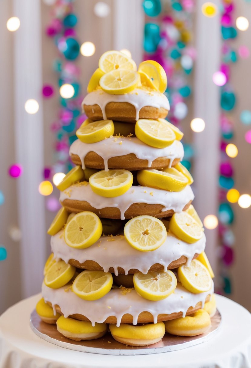 A towering wedding cake made of lemon zest donuts, adorned with delicate icing and fresh lemon slices, set against a backdrop of colorful confetti and twinkling lights