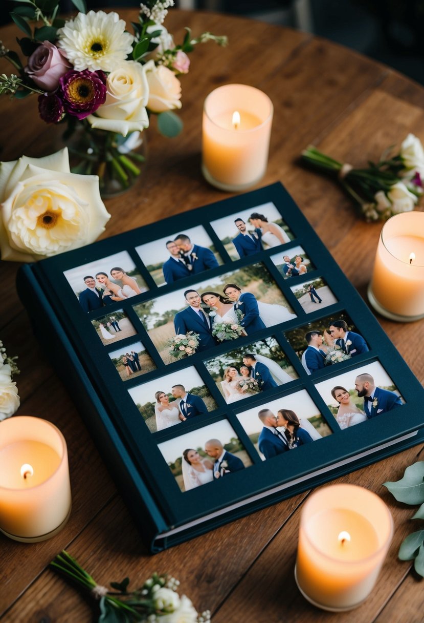 A couple's personalized photo album, filled with memories from their 13 years of marriage, sits on a wooden table surrounded by candles and flowers