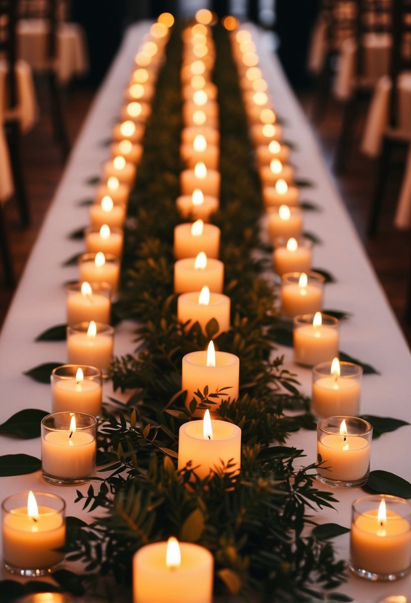 Tea light candles line the ceremony aisles, casting a warm and inviting glow