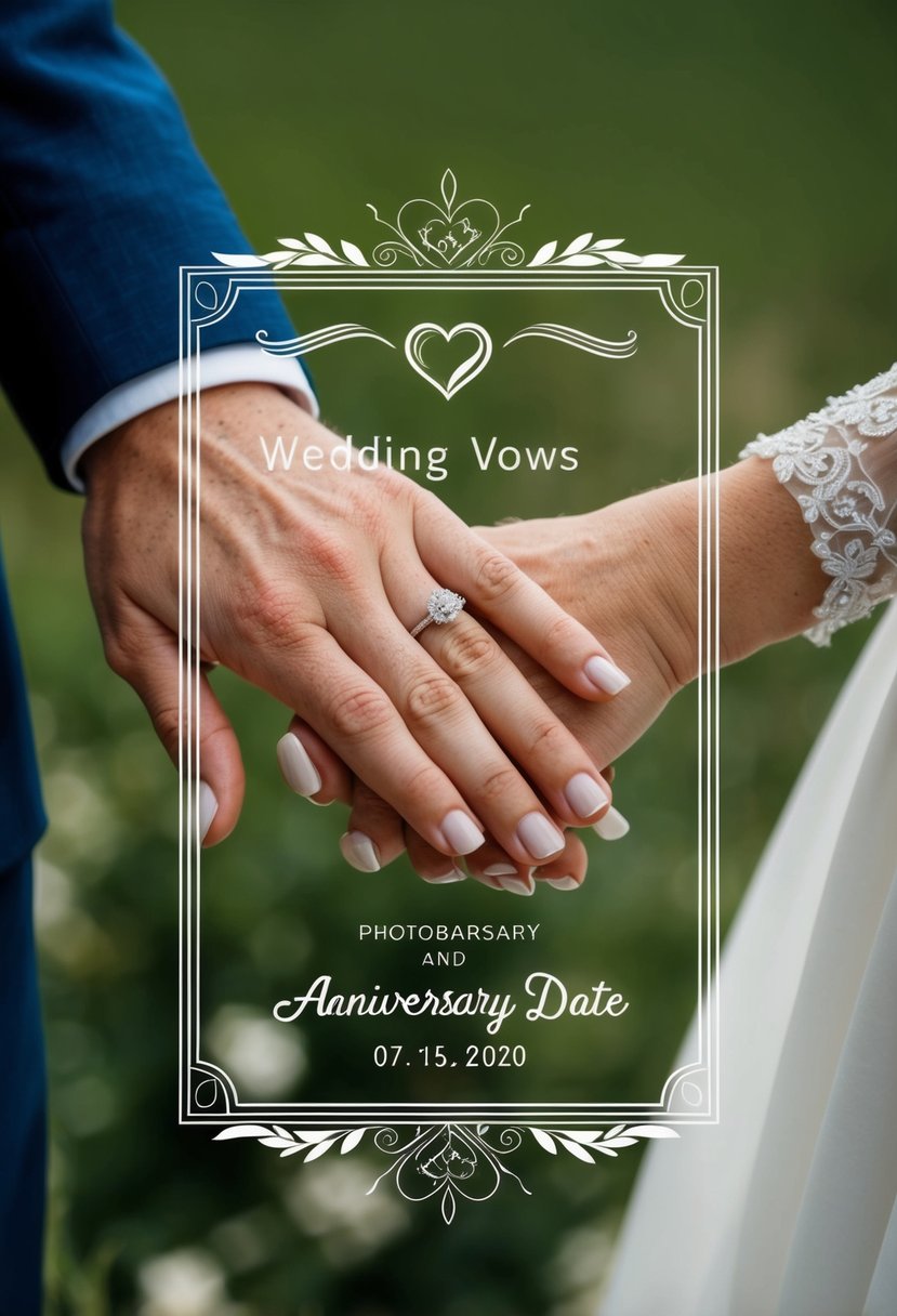 A couple's hands holding personalized wedding vows with a decorative border and anniversary date