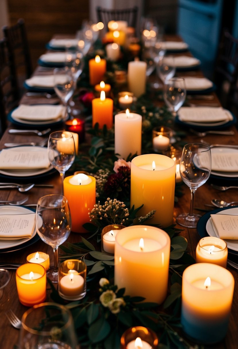 A table set with a variety of candles in different shapes, sizes, and colors, creating a warm and romantic ambiance for a wedding celebration