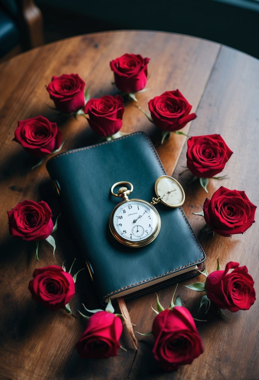 A leather-bound journal surrounded by 13 red roses and a vintage pocket watch on a wooden table