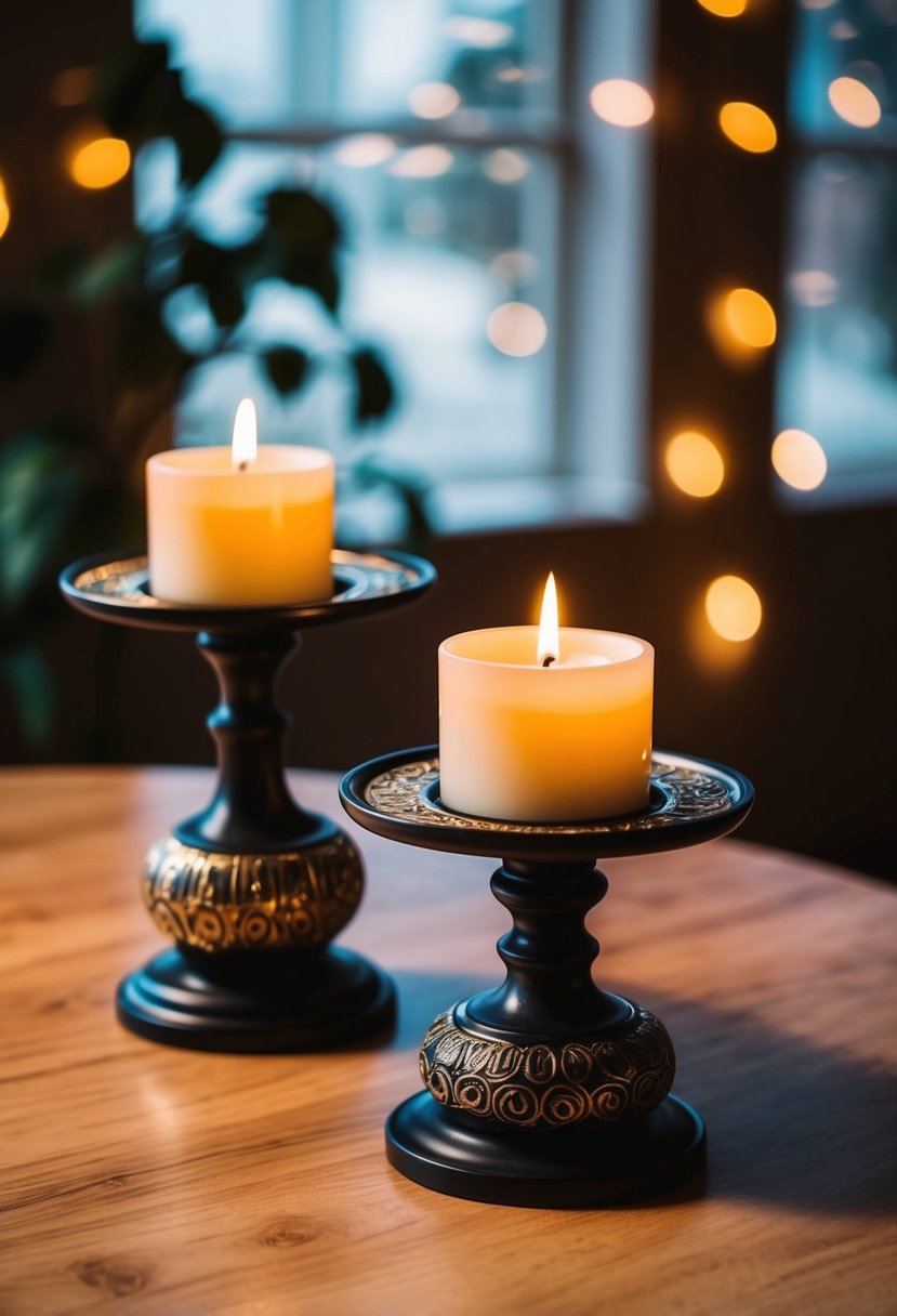 Two accent tables with lit candles in decorative holders