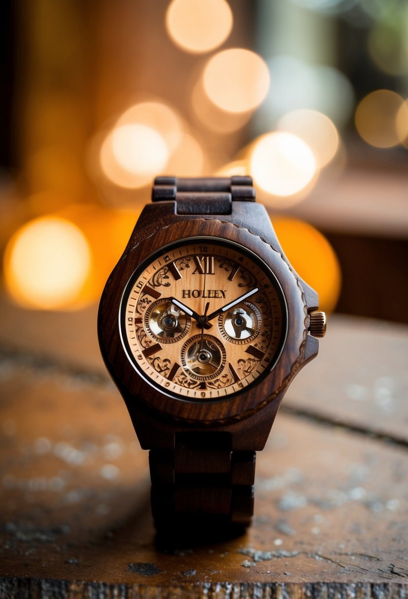 A wooden watch with intricate engravings displayed on a rustic table with a soft, warm light shining on it