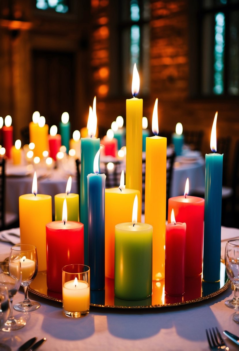 Colorful candles arranged in varying heights and sizes, casting a warm glow on a beautifully decorated wedding table