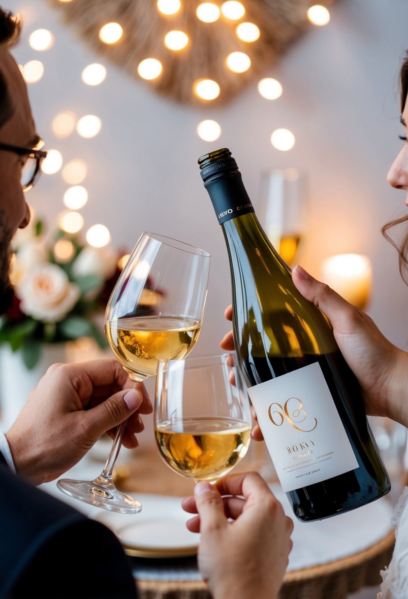 A couple's hands clinking wine glasses with a custom label on the bottle, surrounded by romantic decor