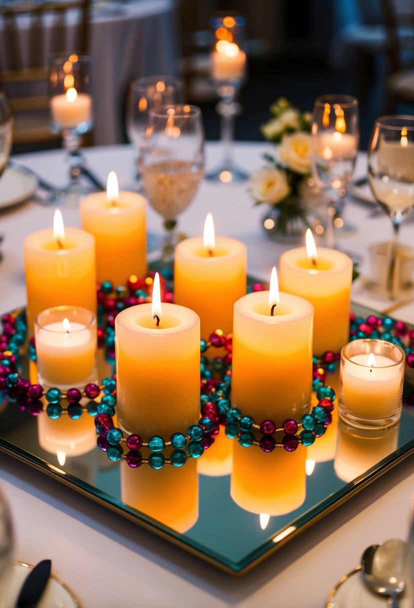 Candles on mirrors surrounded by colorful beads, creating elegant wedding centerpieces