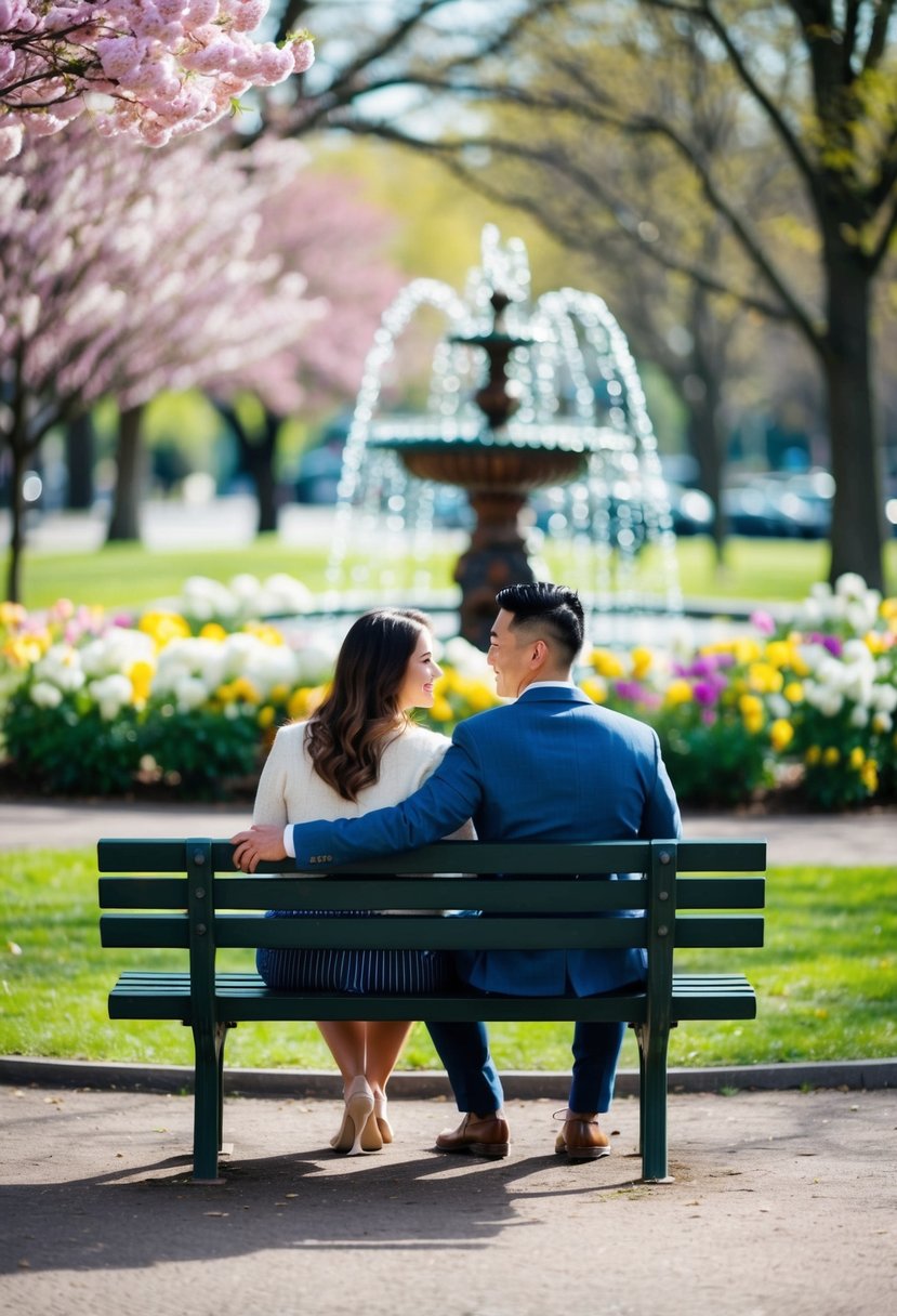 A couple sitting on a park bench, surrounded by blooming flowers and trees with a small, decorative fountain in the background