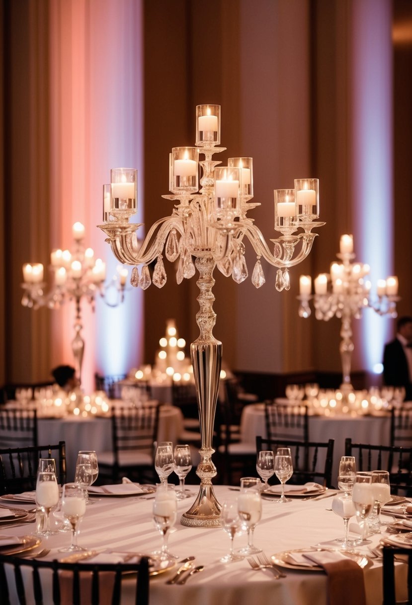 Candelabras casting intricate shadows on a grand wedding table centerpiece