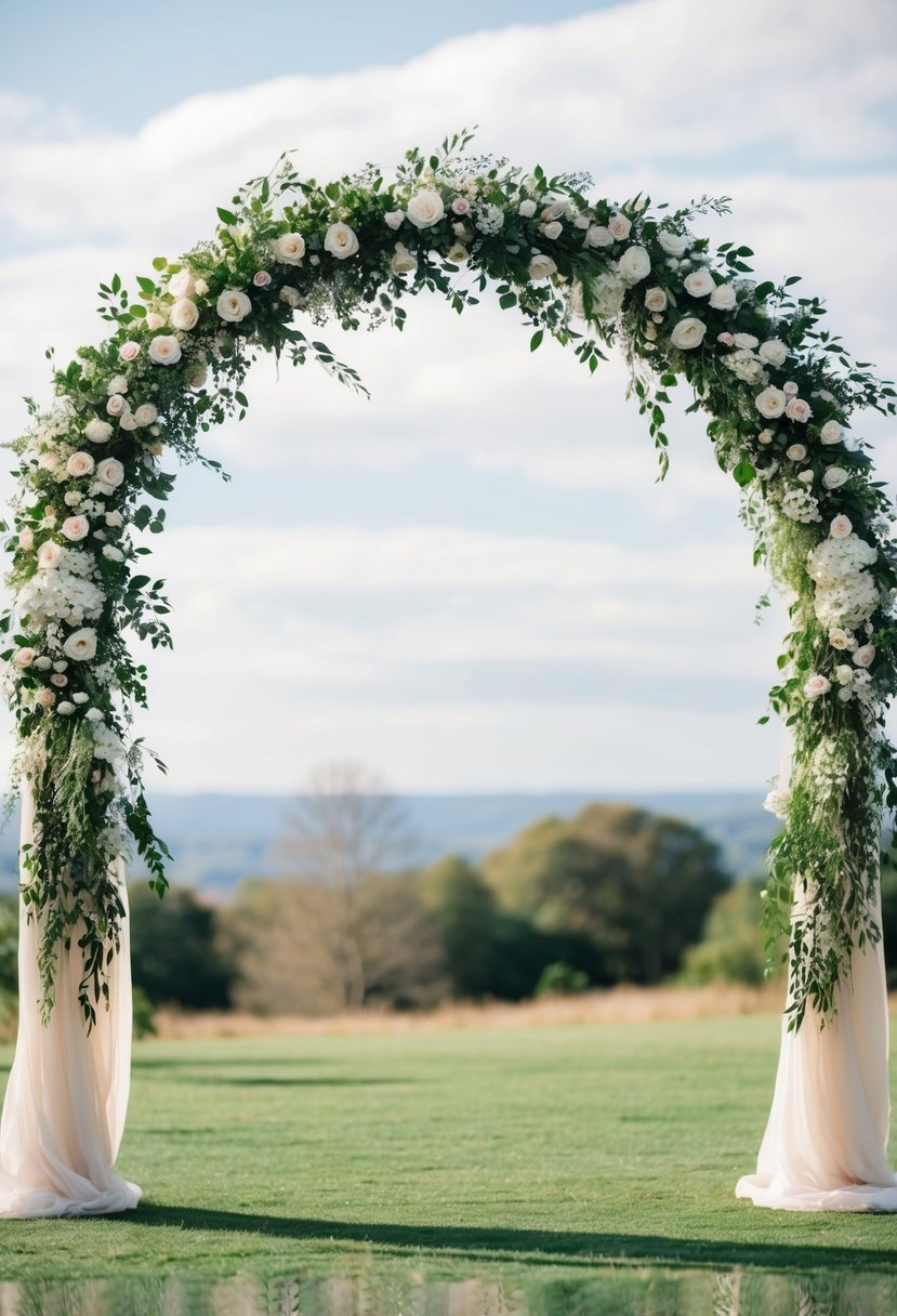 A circular wedding arch adorned with flowers and greenery, set against a scenic outdoor backdrop