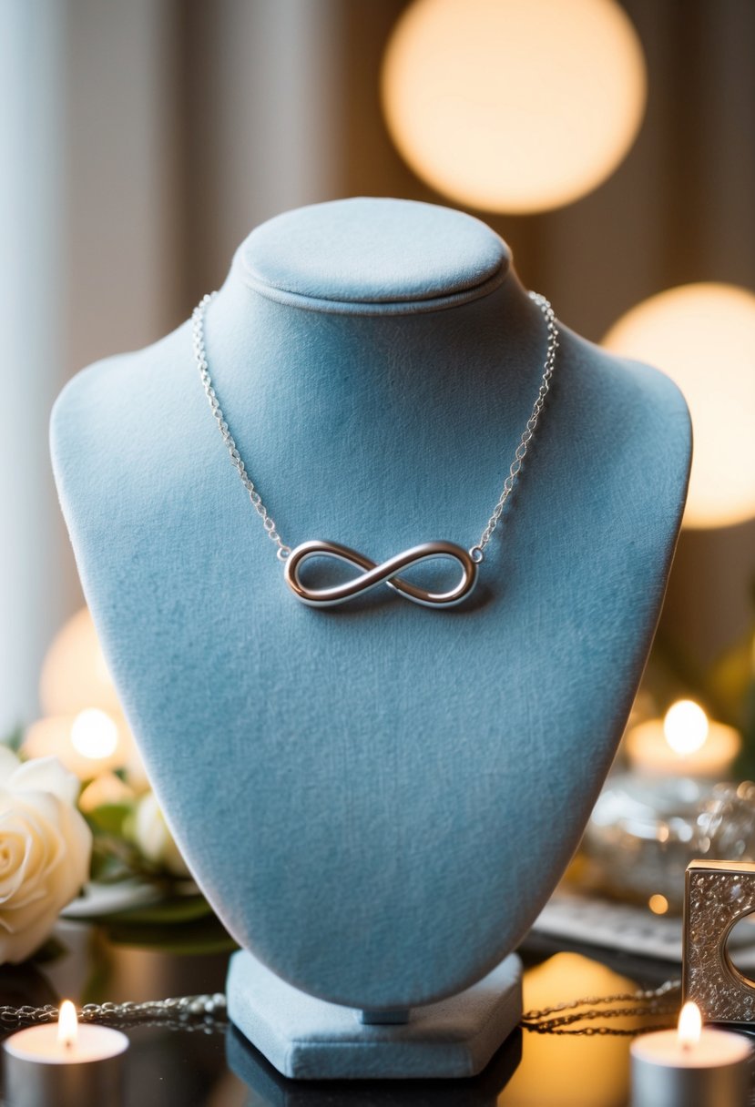 A silver infinity necklace displayed on a velvet jewelry stand, surrounded by soft lighting and a romantic ambiance