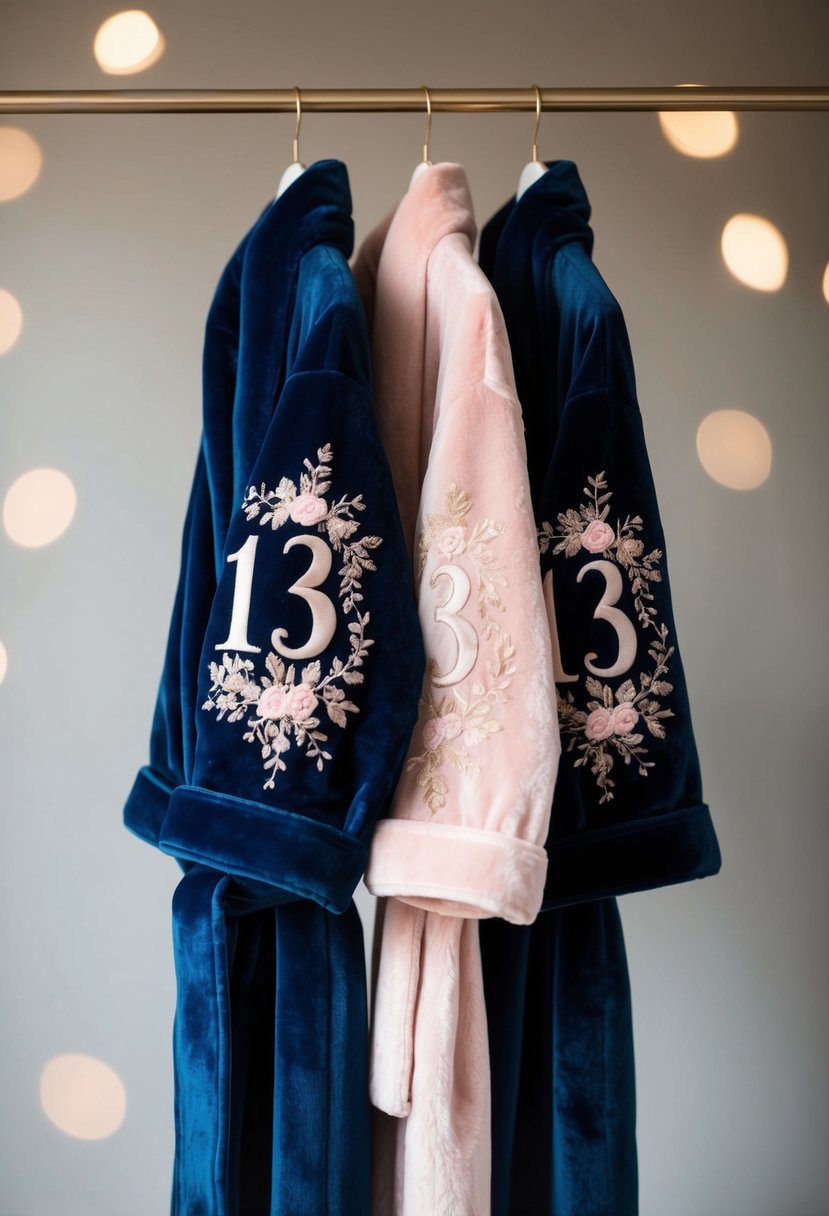 Two plush robes hanging side by side, one in a deep navy blue and the other in a soft blush pink, with delicate embroidery of the number 13 intertwined with intricate floral patterns