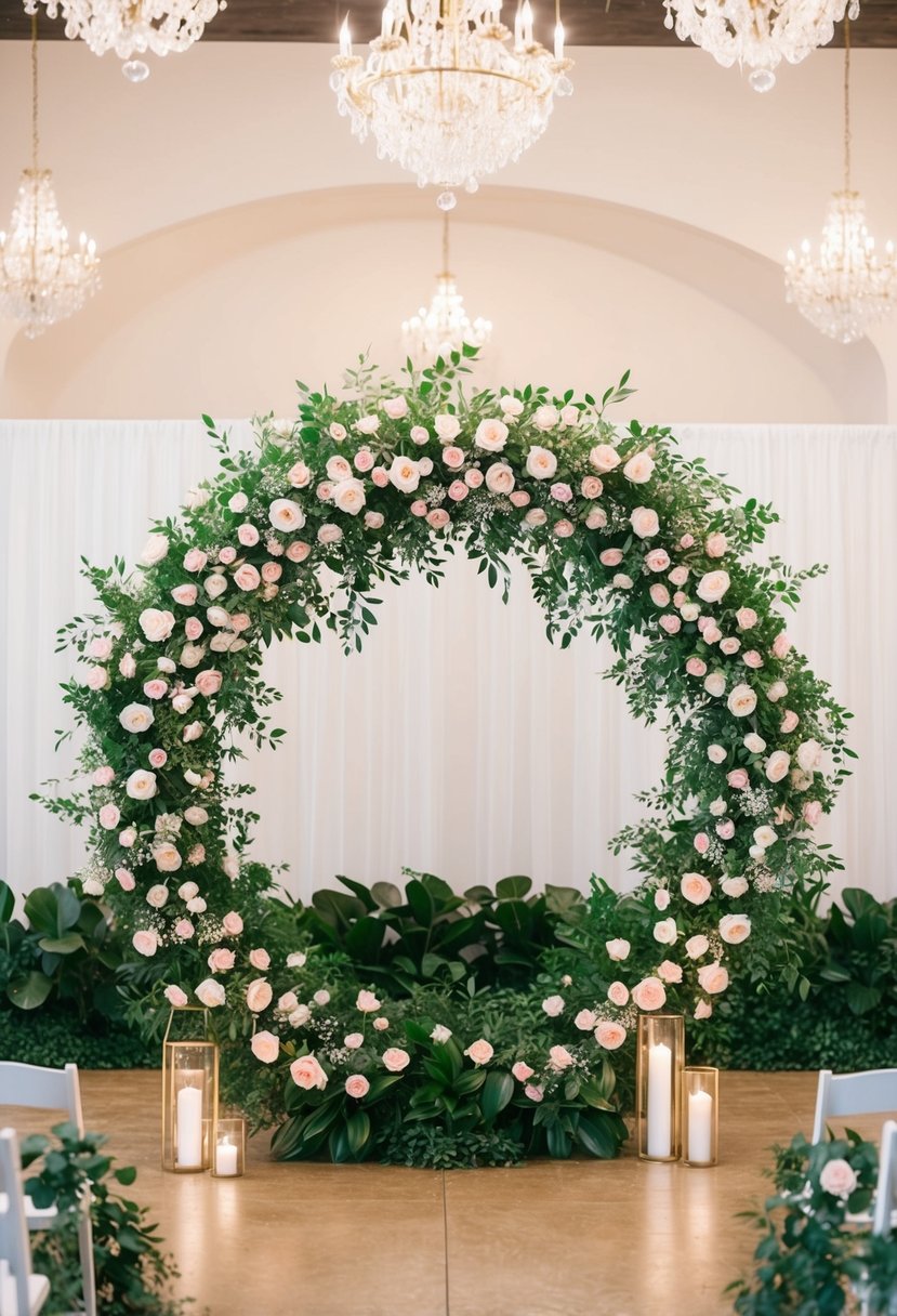 A circular floral hoop arch adorned with lush roses and greenery, creating a romantic and elegant wedding backdrop