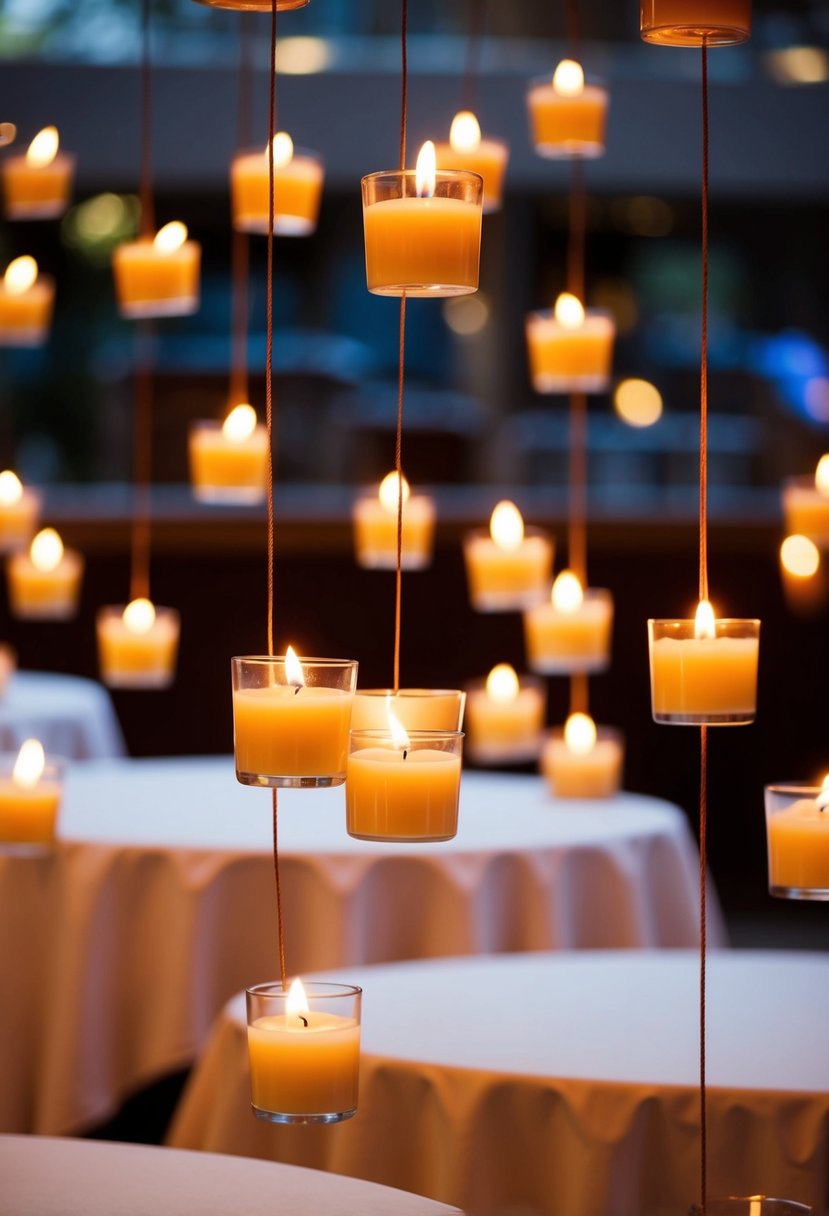 Tealight candles suspended above tables, casting a warm, floating glow