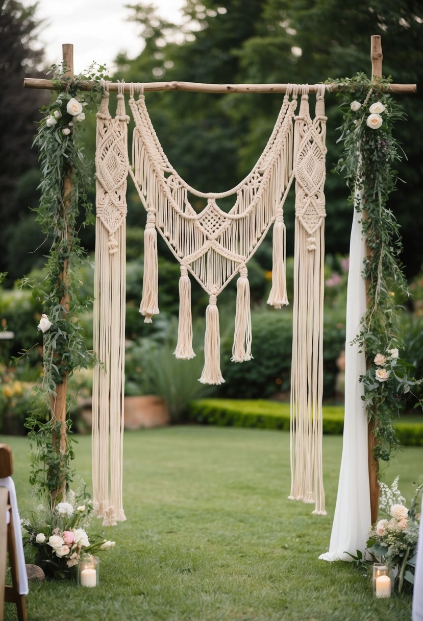 A bohemian arch adorned with macramé hangs in a lush garden, creating a romantic and whimsical setting for a wedding ceremony