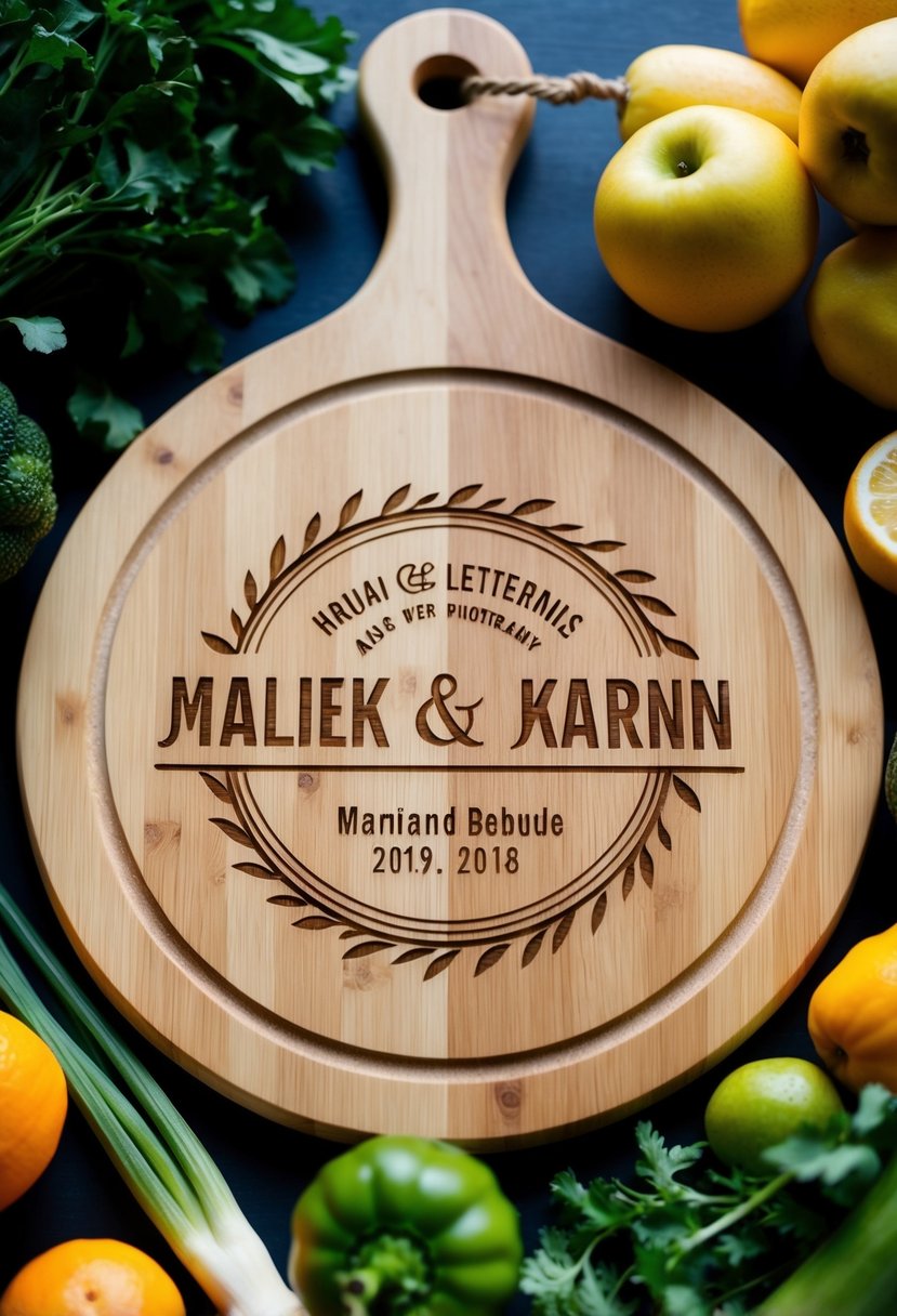 A wooden cutting board engraved with the couple's names and wedding date, surrounded by fresh fruits and vegetables