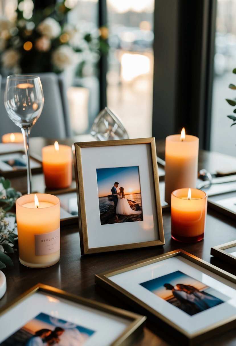 A table with framed photos surrounded by matching scented candles