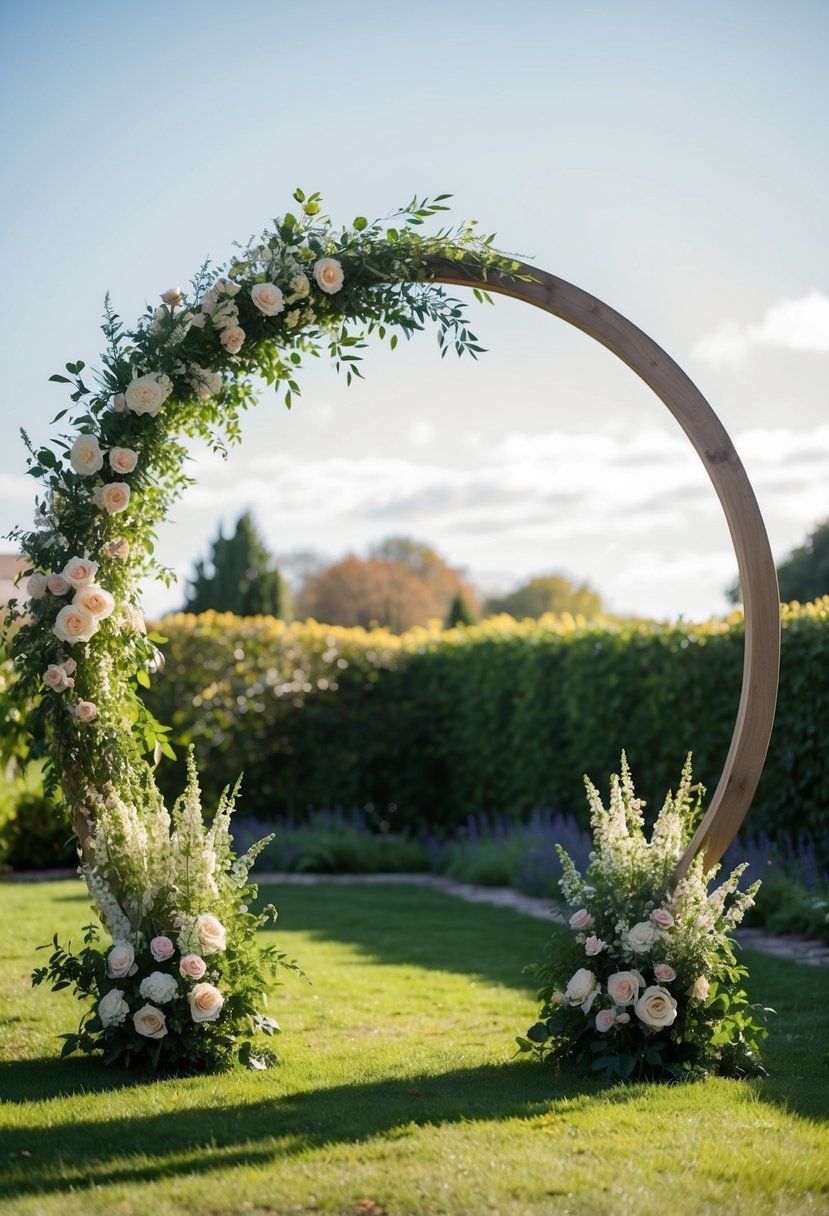 A rustic wood circle arch adorned with flowers and greenery stands in a sunlit garden