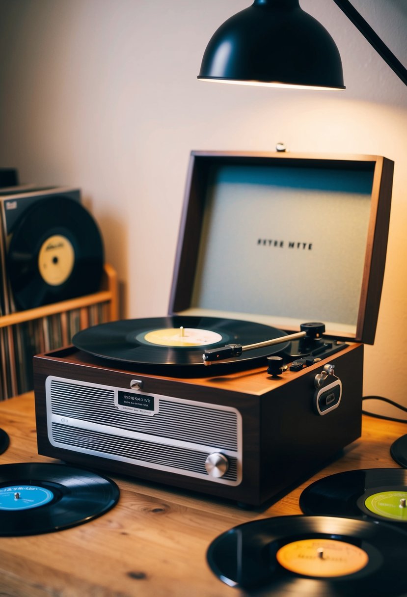 A vintage record player sits on a wooden table, surrounded by a collection of vinyl records. The soft glow of a nearby lamp highlights the intricate details of the player's design