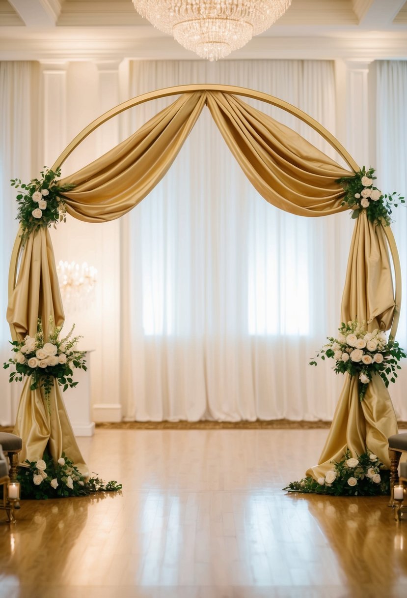 An elegant gold circle arch adorned with flowing drapes