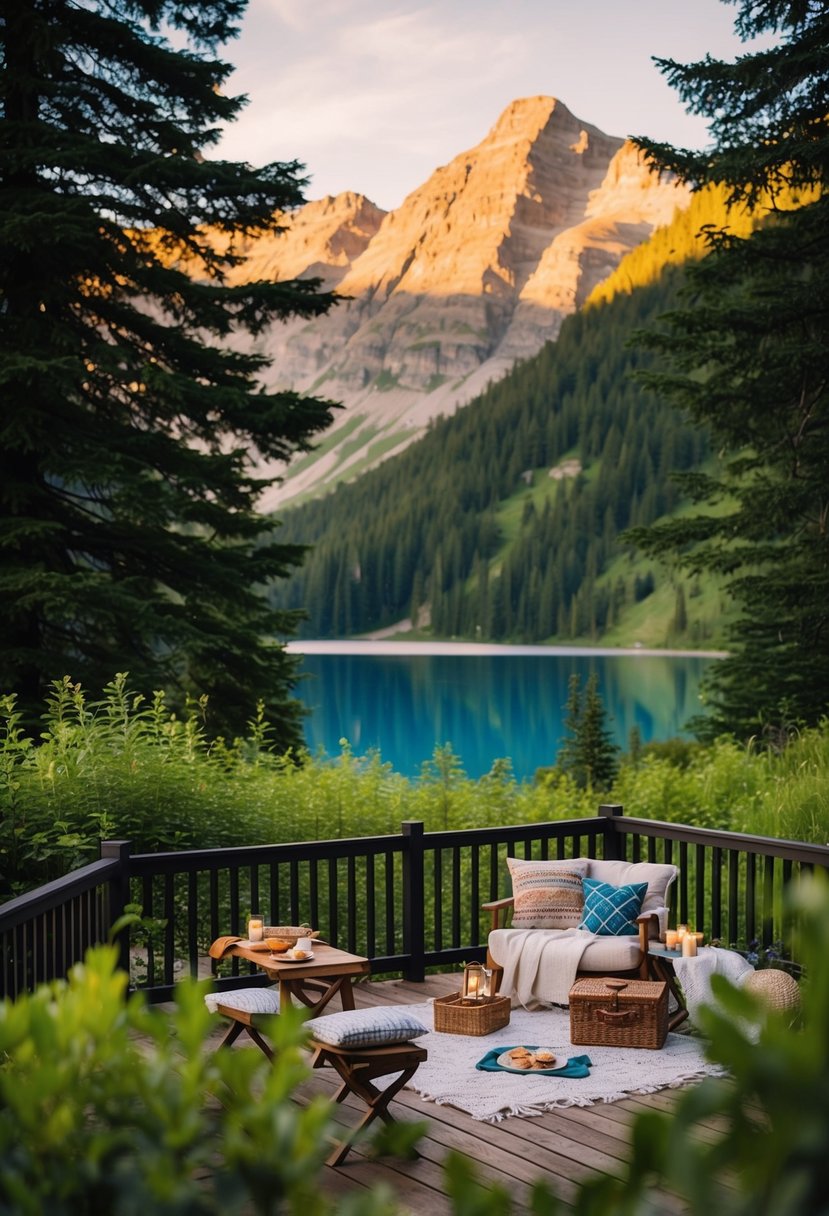 A cozy cabin nestled in the mountains, surrounded by lush greenery and a serene lake, with a picnic set up on the deck and a soft glow from the sunset