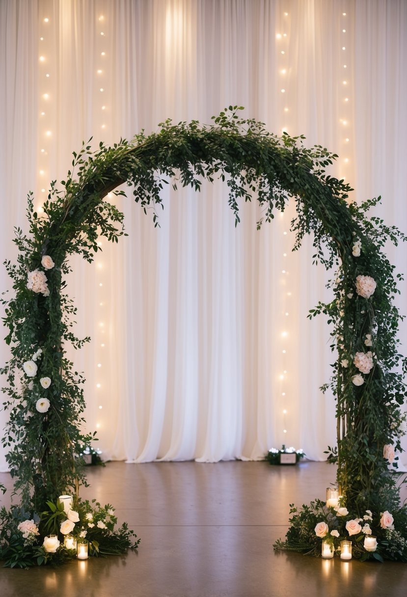 A round arch adorned with faux greenery stands as a wedding backdrop, surrounded by soft lighting and delicate floral accents