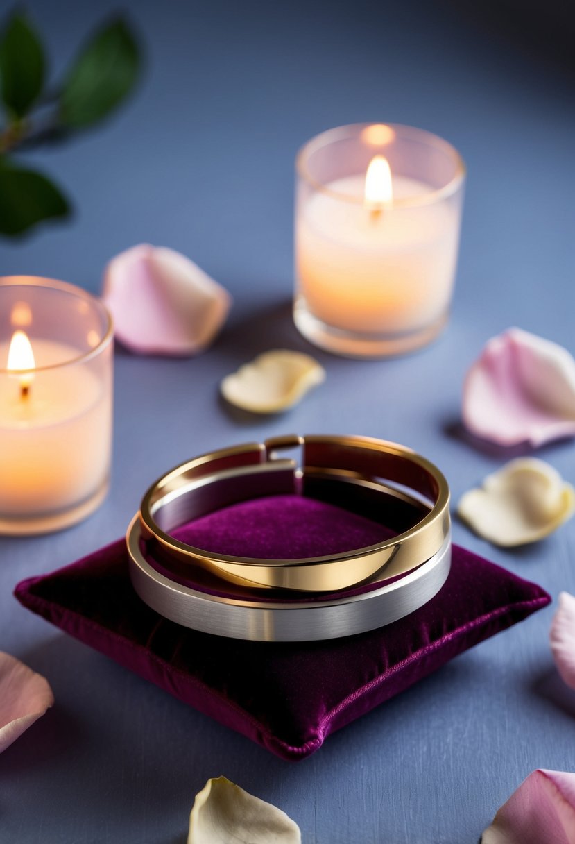 Two interlocking bracelets, one silver and one gold, rest on a velvet cushion, surrounded by delicate rose petals and soft candlelight