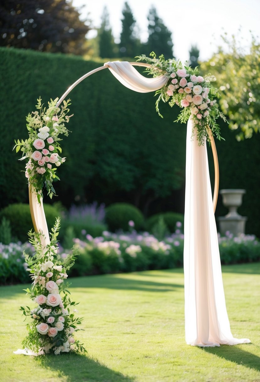 A chiffon-draped circle arch stands adorned with flowers in a lush garden setting