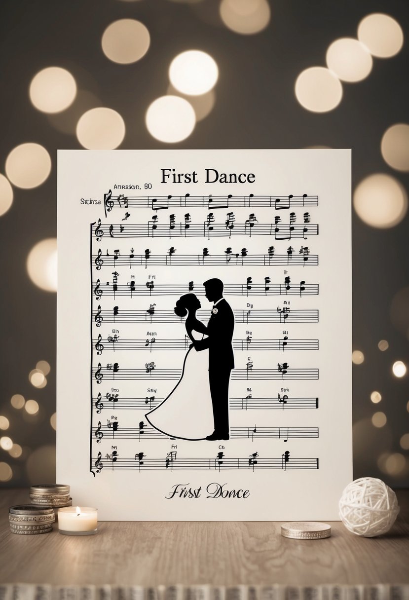 A couple's first dance, captured in sheet music form, surrounded by romantic symbols and motifs, makes a thoughtful 13th wedding anniversary gift