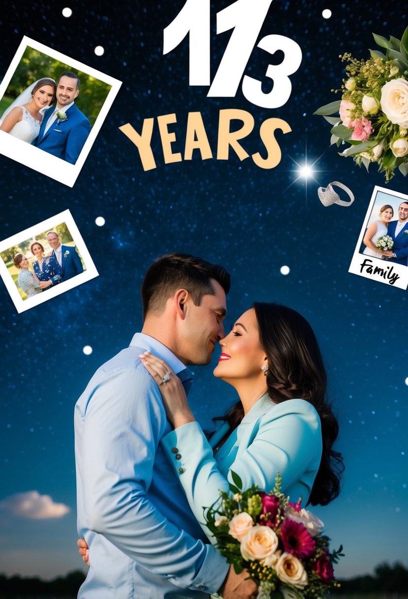 A couple embracing under a starry night sky, surrounded by symbols of their 13 years together: a wedding ring, a family photo, and a bouquet of flowers