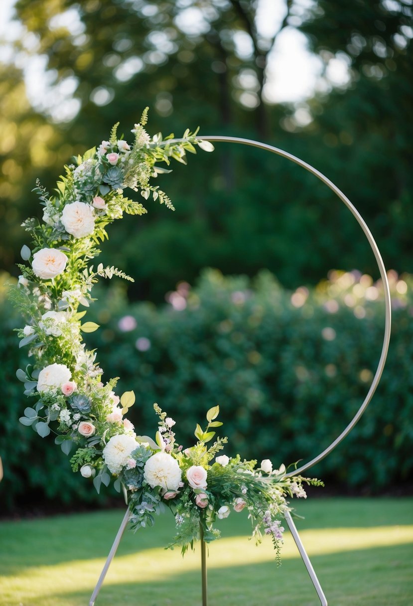 A metal hoop adorned with seasonal flowers stands as a wedding circle arch, set against a backdrop of lush greenery and soft natural light