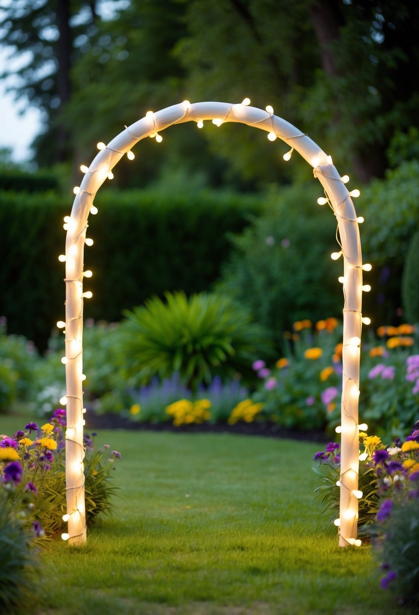 A whimsical arch adorned with fairy lights stands in a garden, surrounded by lush greenery and colorful flowers