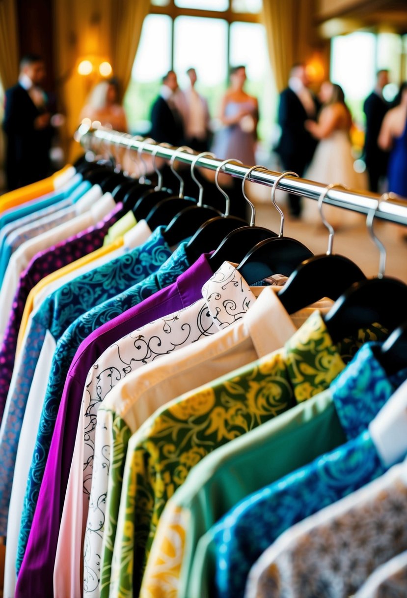 A festive array of colorful shirts, adorned with elegant patterns and designs, displayed on a rack at a wedding party