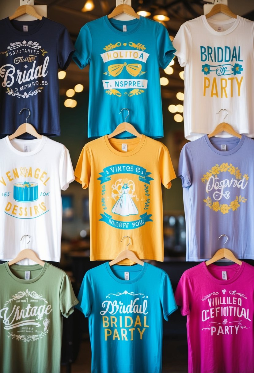 A group of vintage-inspired t-shirts arranged in a playful and colorful display, featuring designs for a bridal party