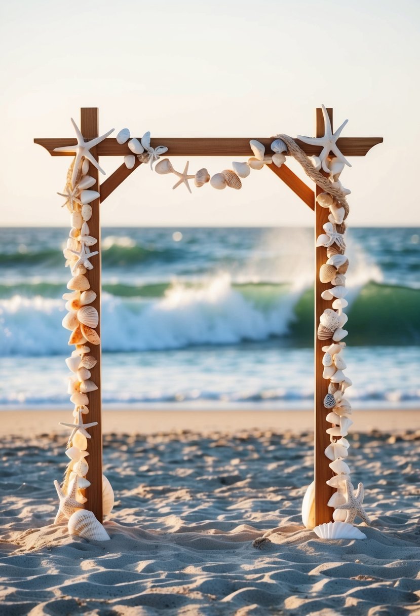 A wooden wedding arch adorned with seashells and starfish stands on a sandy beach, with waves crashing in the background